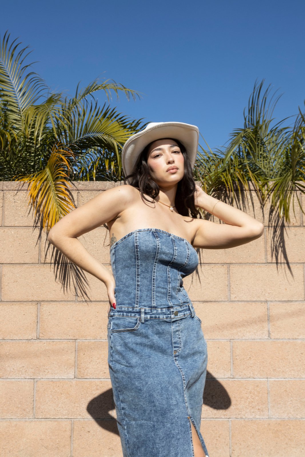 Medium Wash Strapless Denim Maxi Dress - Cindy Jane Boutique - Maxi Dress
