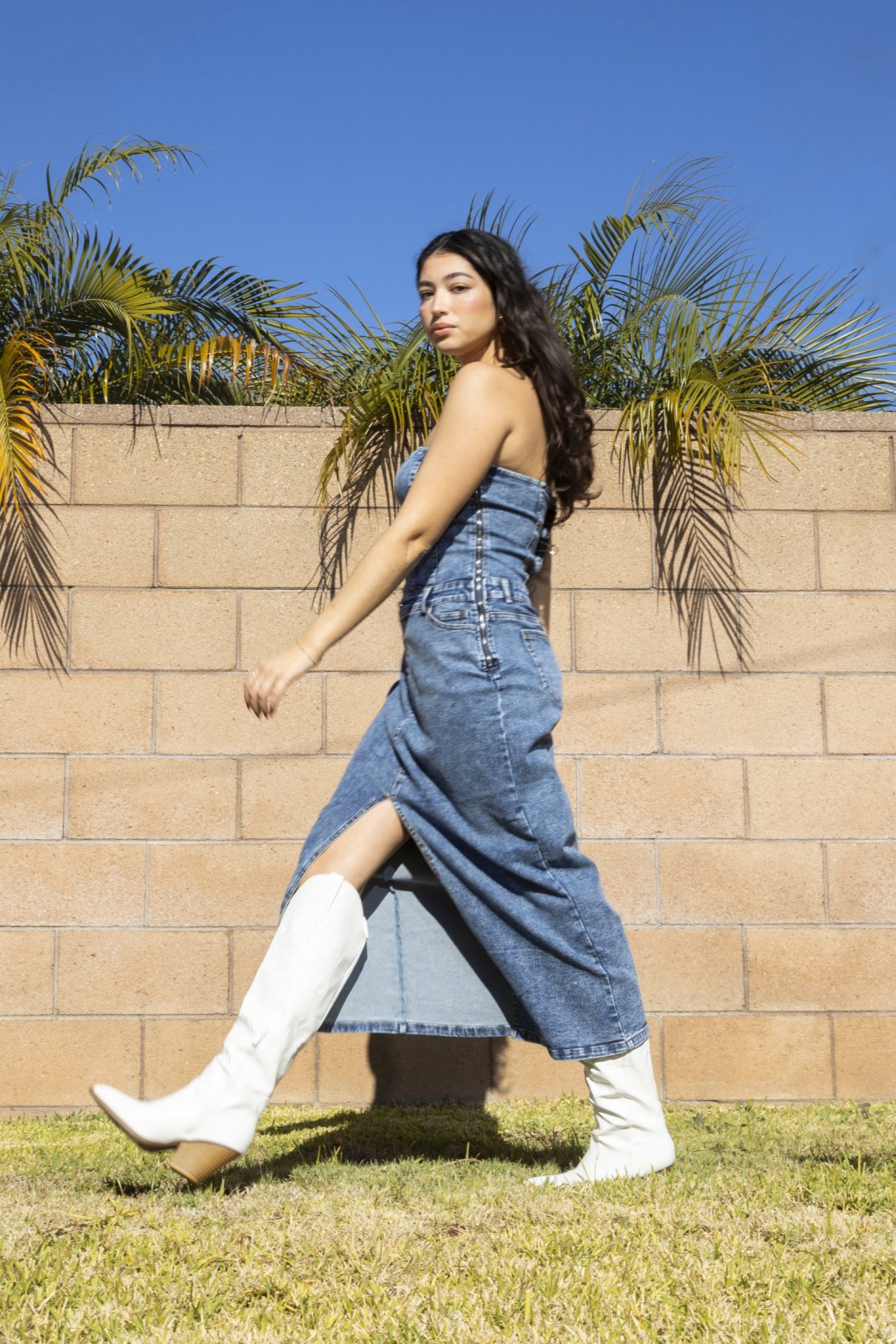 Medium Wash Strapless Denim Maxi Dress - Cindy Jane Boutique - Maxi Dress