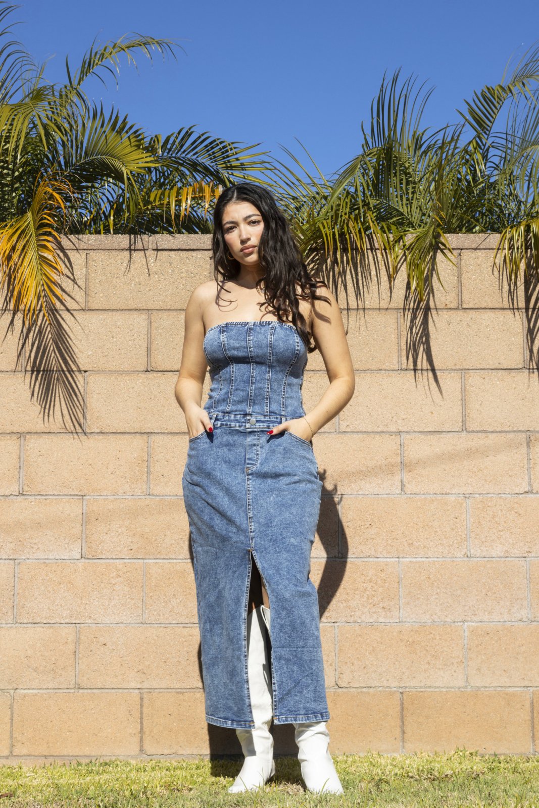 Medium Wash Strapless Denim Maxi Dress - Cindy Jane Boutique - Maxi Dress