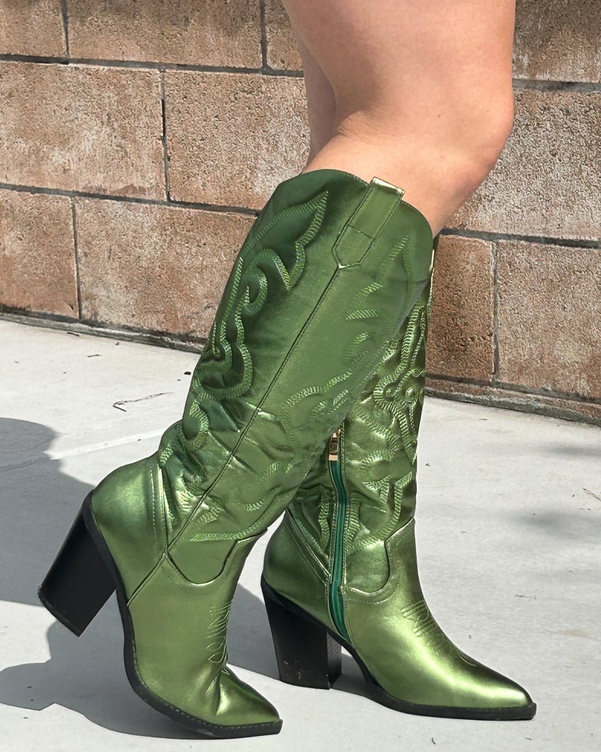 Metallic Green Cowgirl Boots - Cindy Jane Boutique - Boots