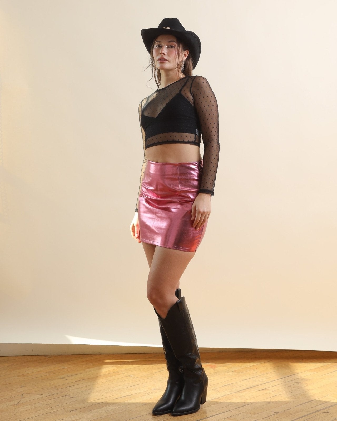 Metallic Pink High Waisted Faux Leather Mini Skirt Cindy Jane Boutique