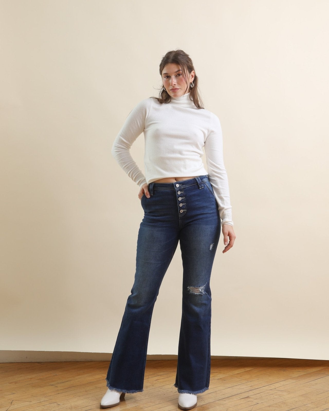 Off White Fitted Long Sleeve Turtleneck Top - Cindy Jane Boutique - Long Sleeve Tops