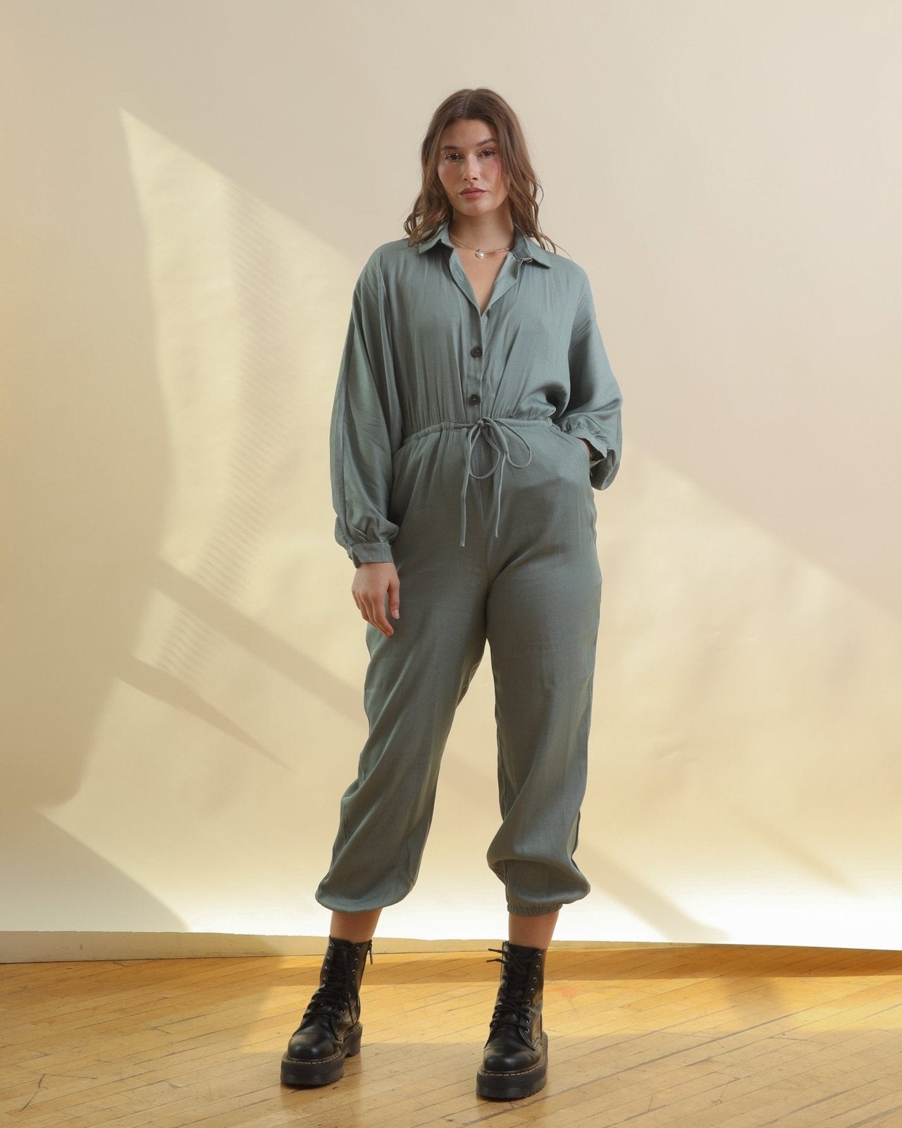 Olive Green Button Down Long Sleeve Jumpsuit - Cindy Jane Boutique - Jumpsuits