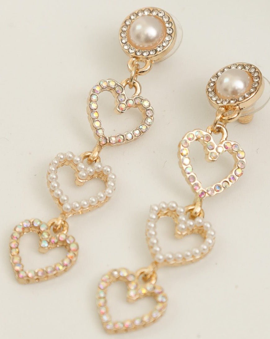 Pearl and Rhinestone Heart Dangle Earrings - Cindy Jane Boutique - Earrings