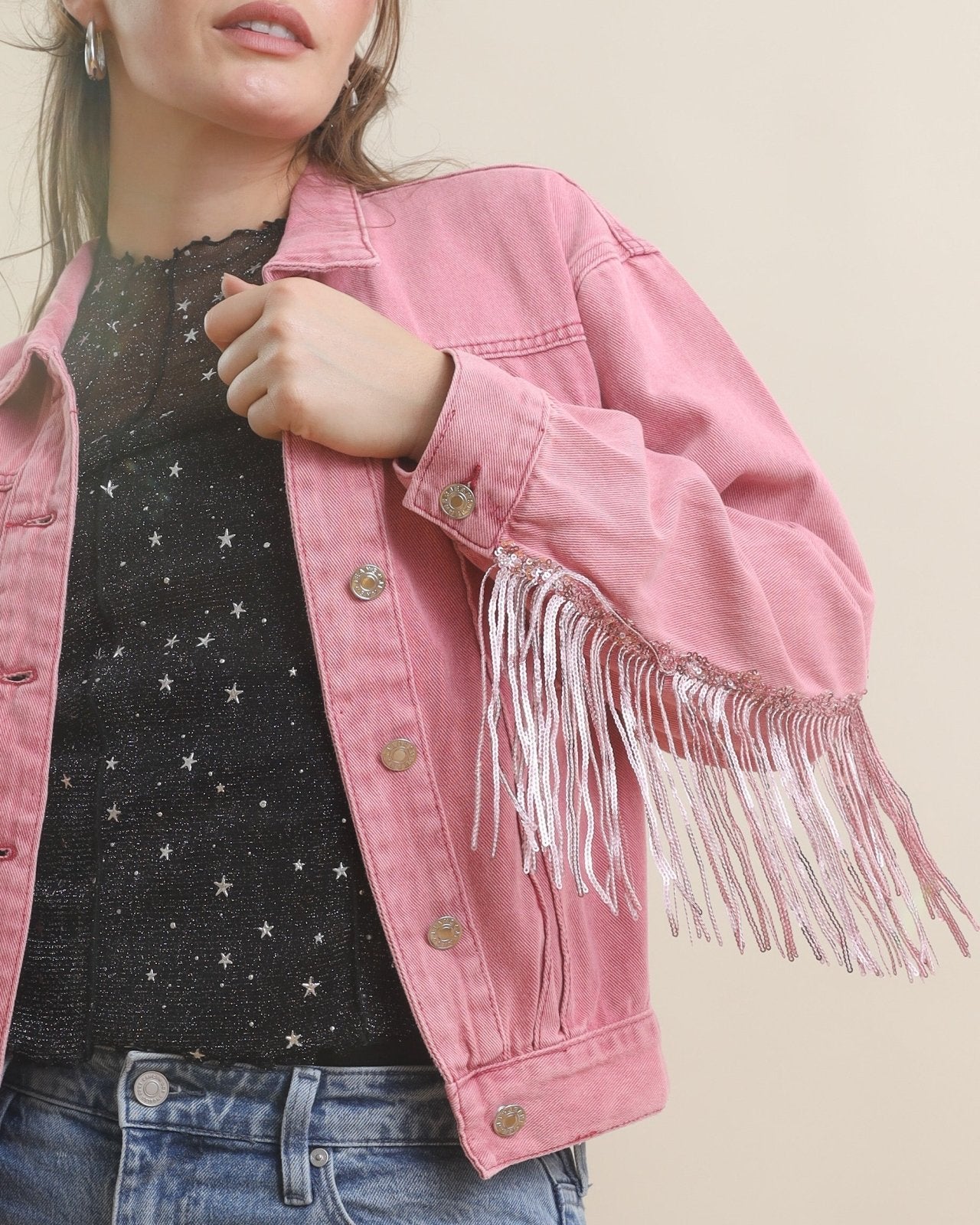 Pink Western Sequin Embellished Fringe Jacket