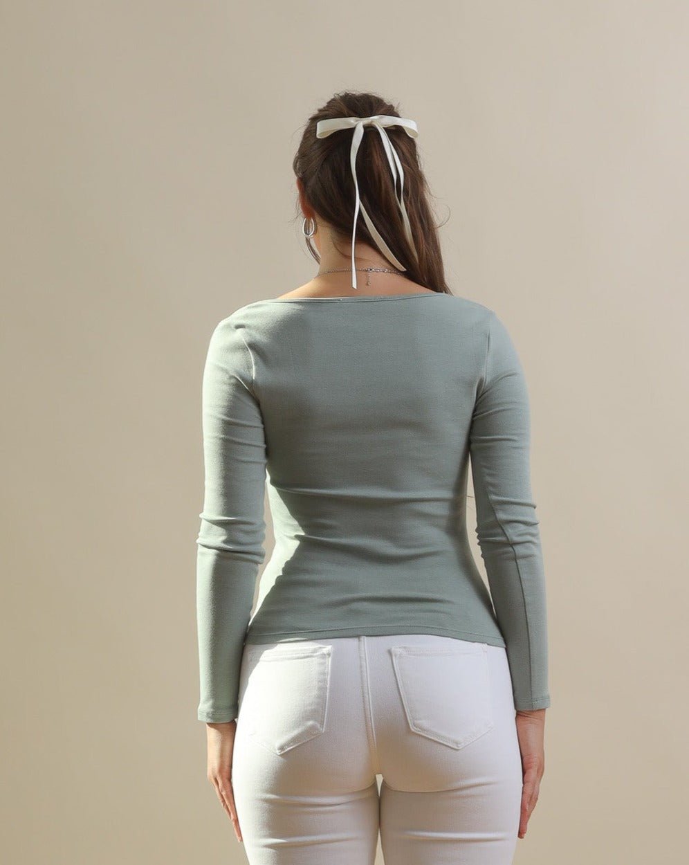 Sage Green Square Neck Long Sleeve Top - Cindy Jane Boutique - Long Sleeve Tops