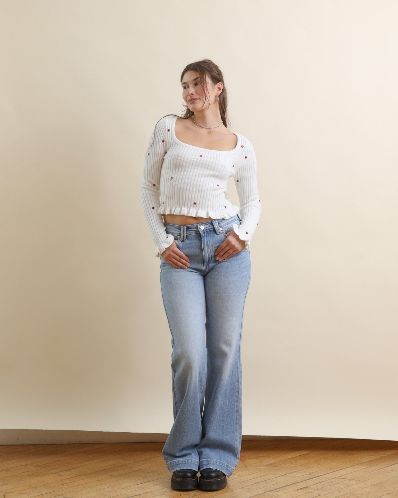 White and Red Heart Jeweled Square Neck Sweater Top - Cindy Jane Boutique - Sweaters & Cardigans