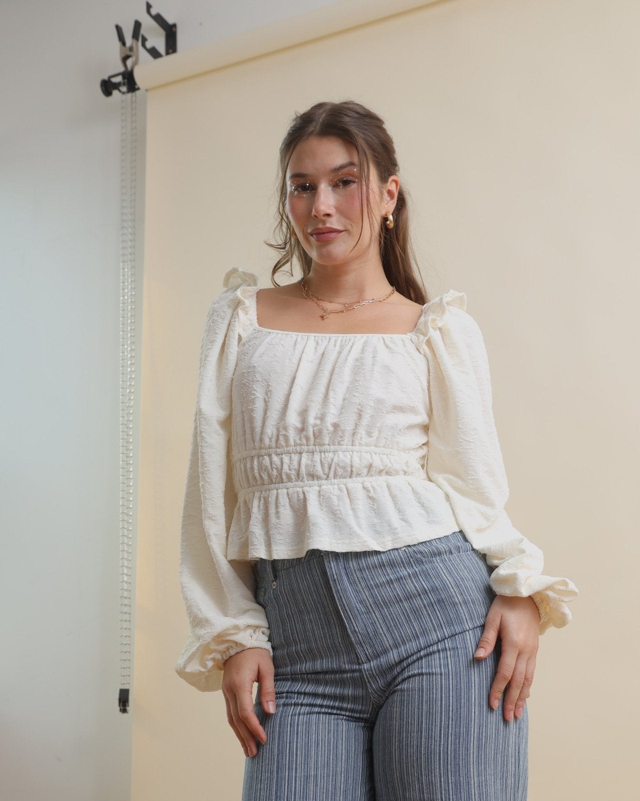 White Textured Bubble Knit Peplum Long Sleeve Blouse - Cindy Jane Boutique - Blouses