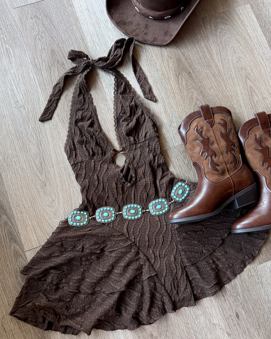 Love Song Brown Lace Halter Mini Dress