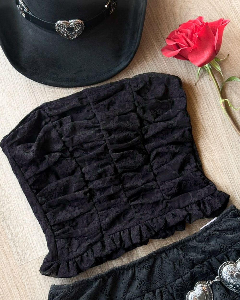 Calico Black Floral Lace Ruched Strapless Crop Top
