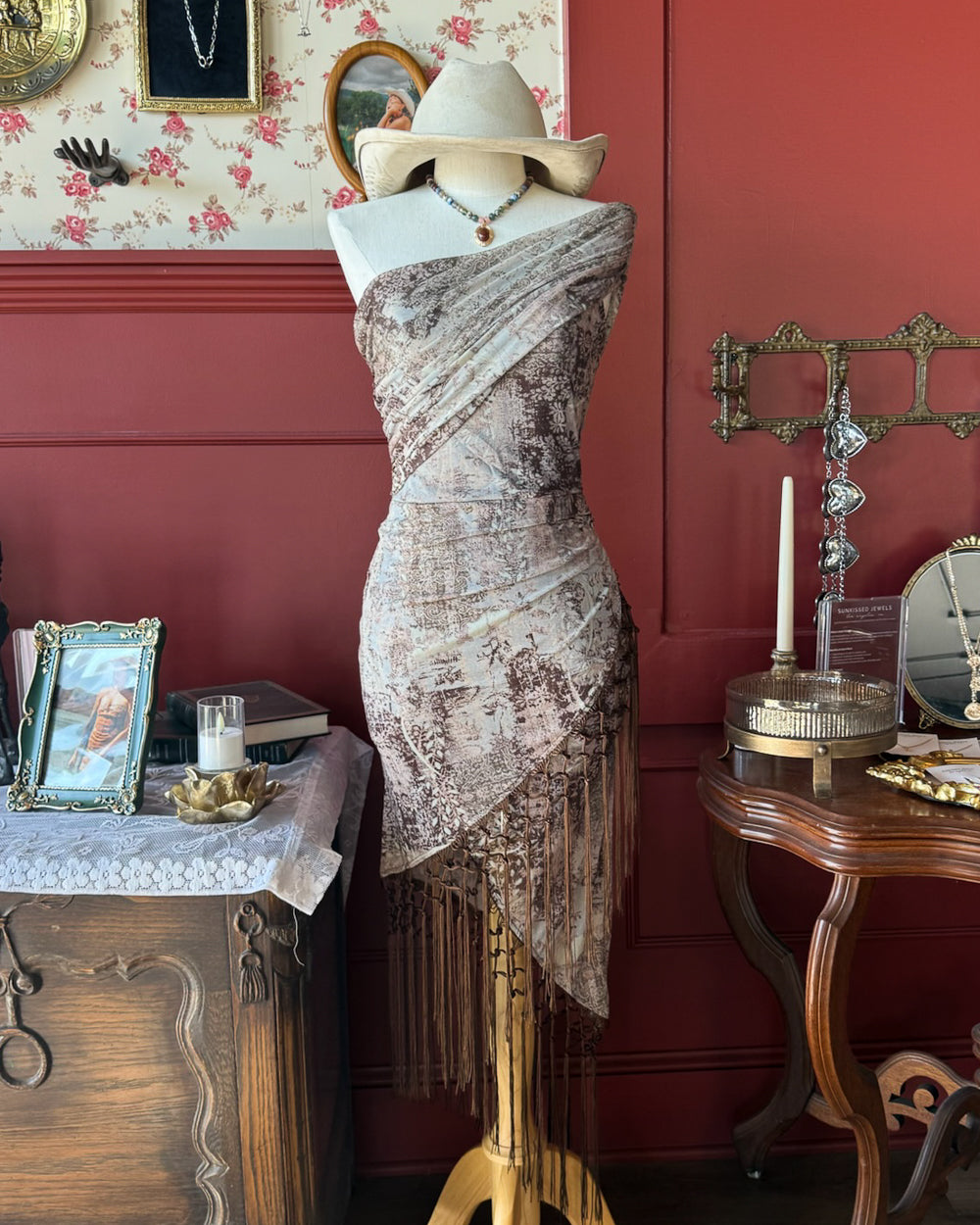 Sienna Boho Off Shoulder Western Print Fringe Wrap Midi Dress