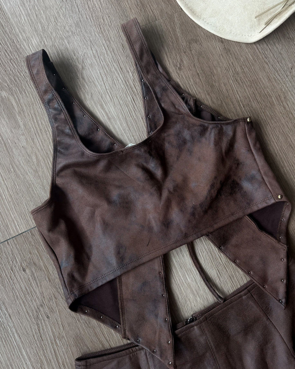 Mama Tried Brown Studded Faux Suede Tie Front Western Top