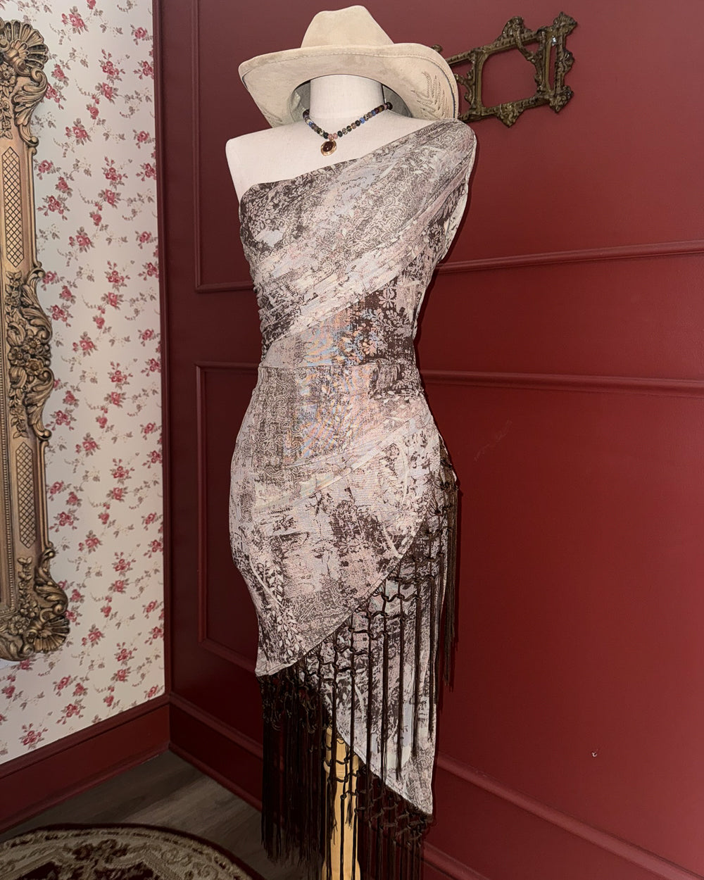 Sienna Boho Off Shoulder Western Print Fringe Wrap Midi Dress