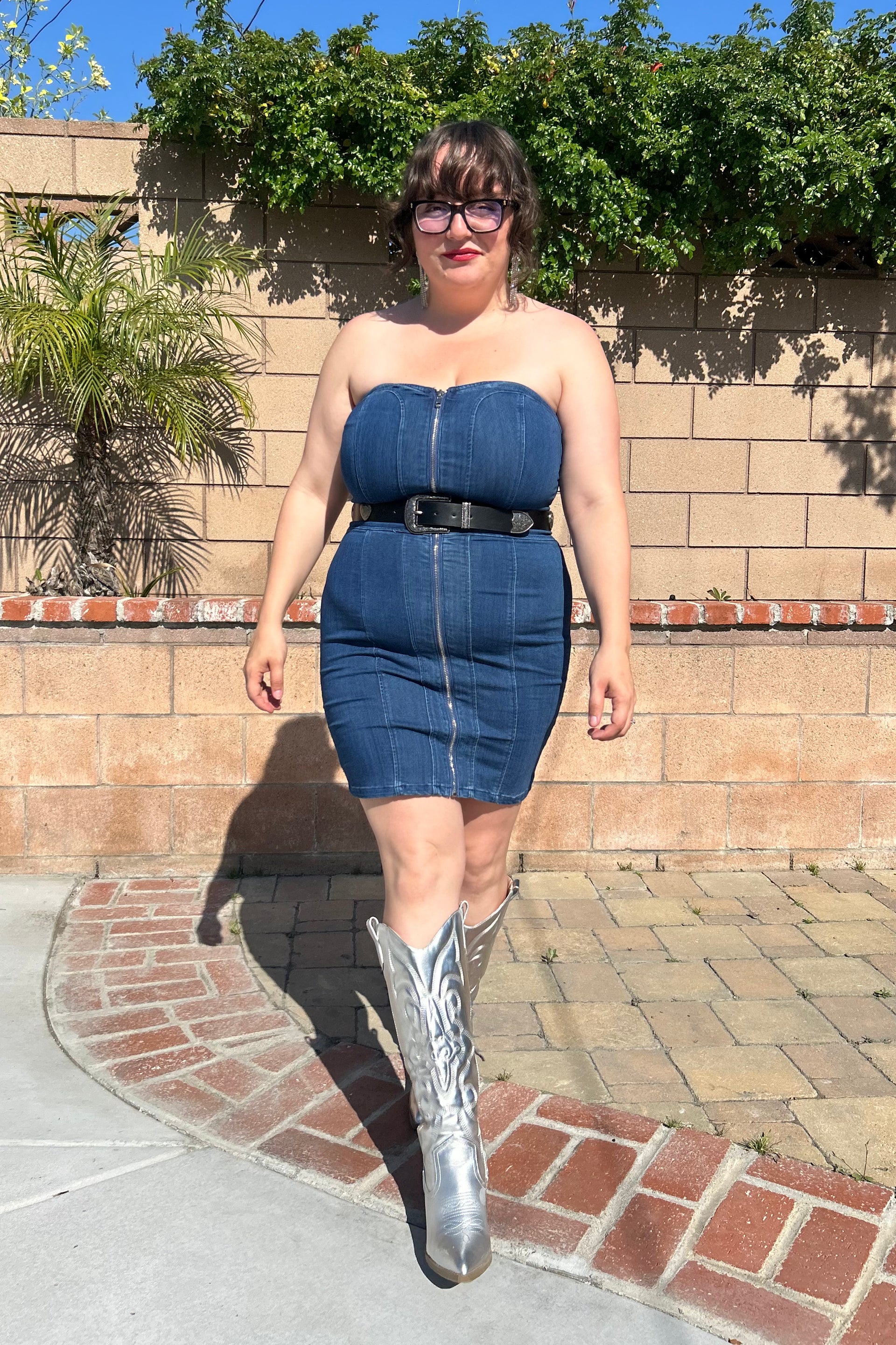 Dark Wash Blue Zip Front Bustier Denim Bodycon Dress – Cindy Jane