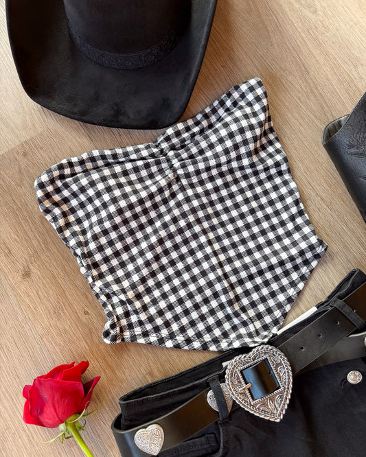 Check You Out Black Multi Gingham Ribbed Ruched Bandana Top