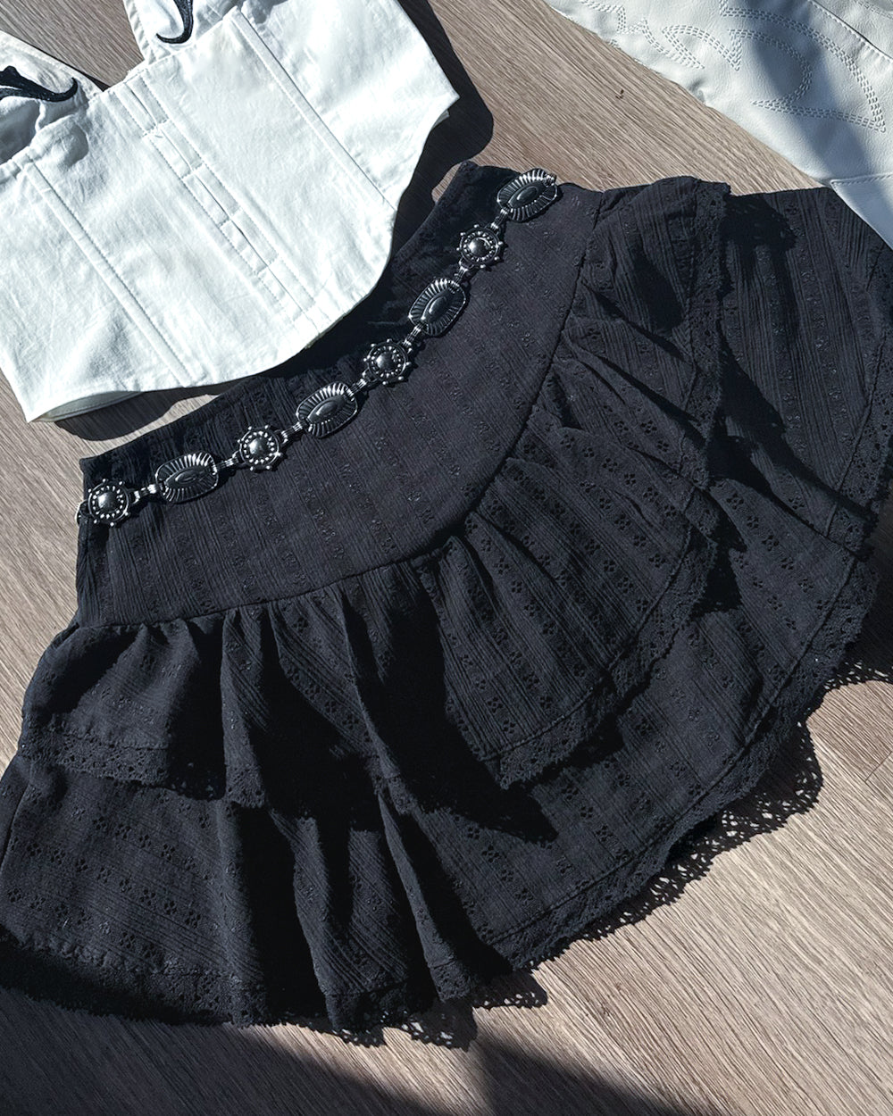 Honeysuckle Black Cotton Tiered Lace Mini Skirt