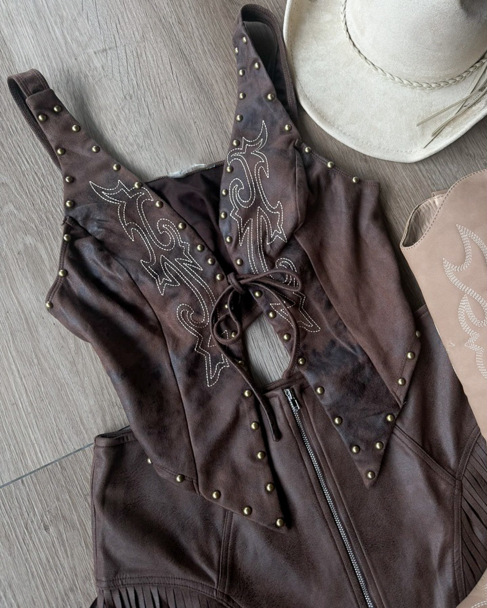 Mama Tried Brown Studded Faux Suede Tie Front Western Top