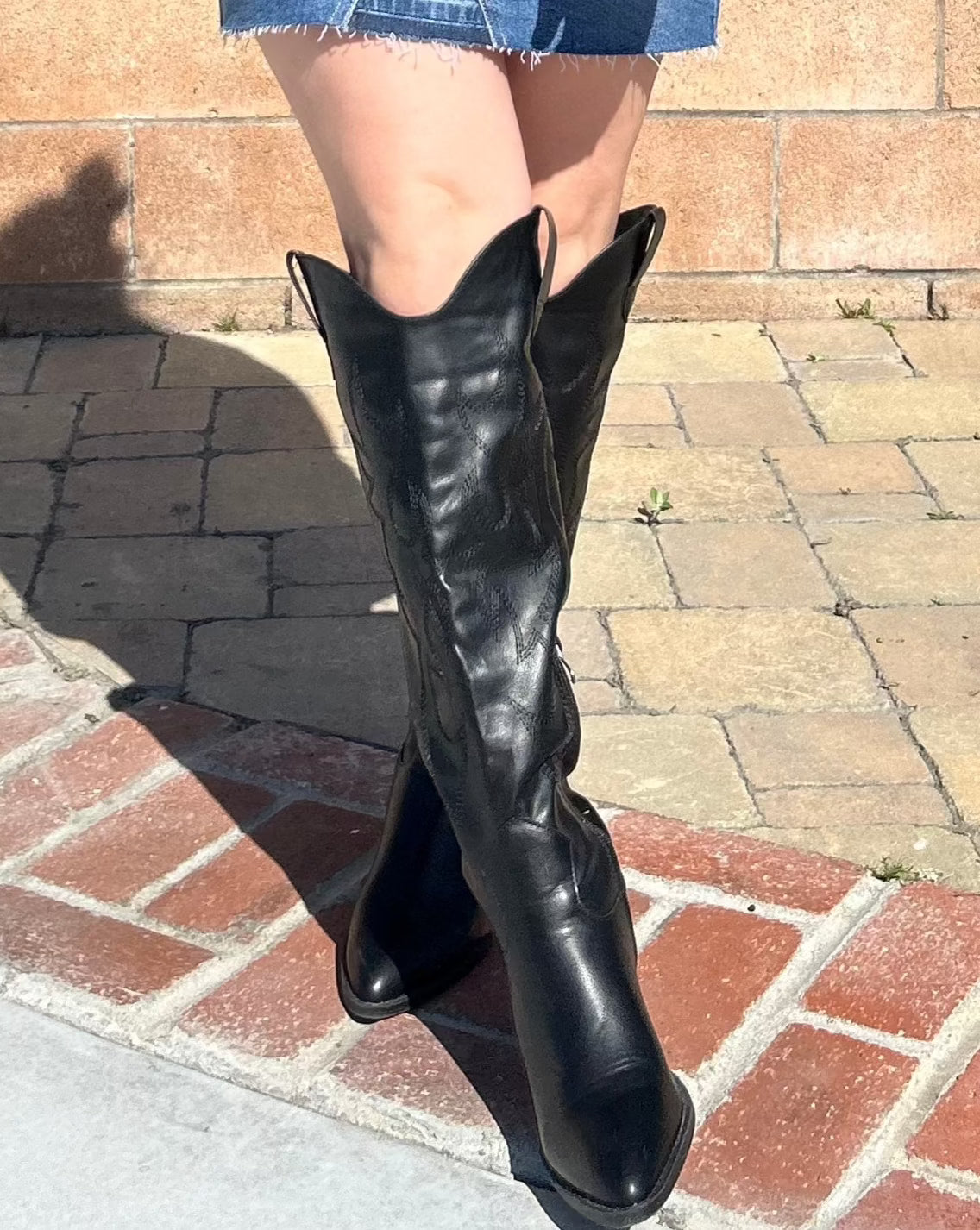 Tall Black Faux Leather Embroidered Western Cowboy Boots