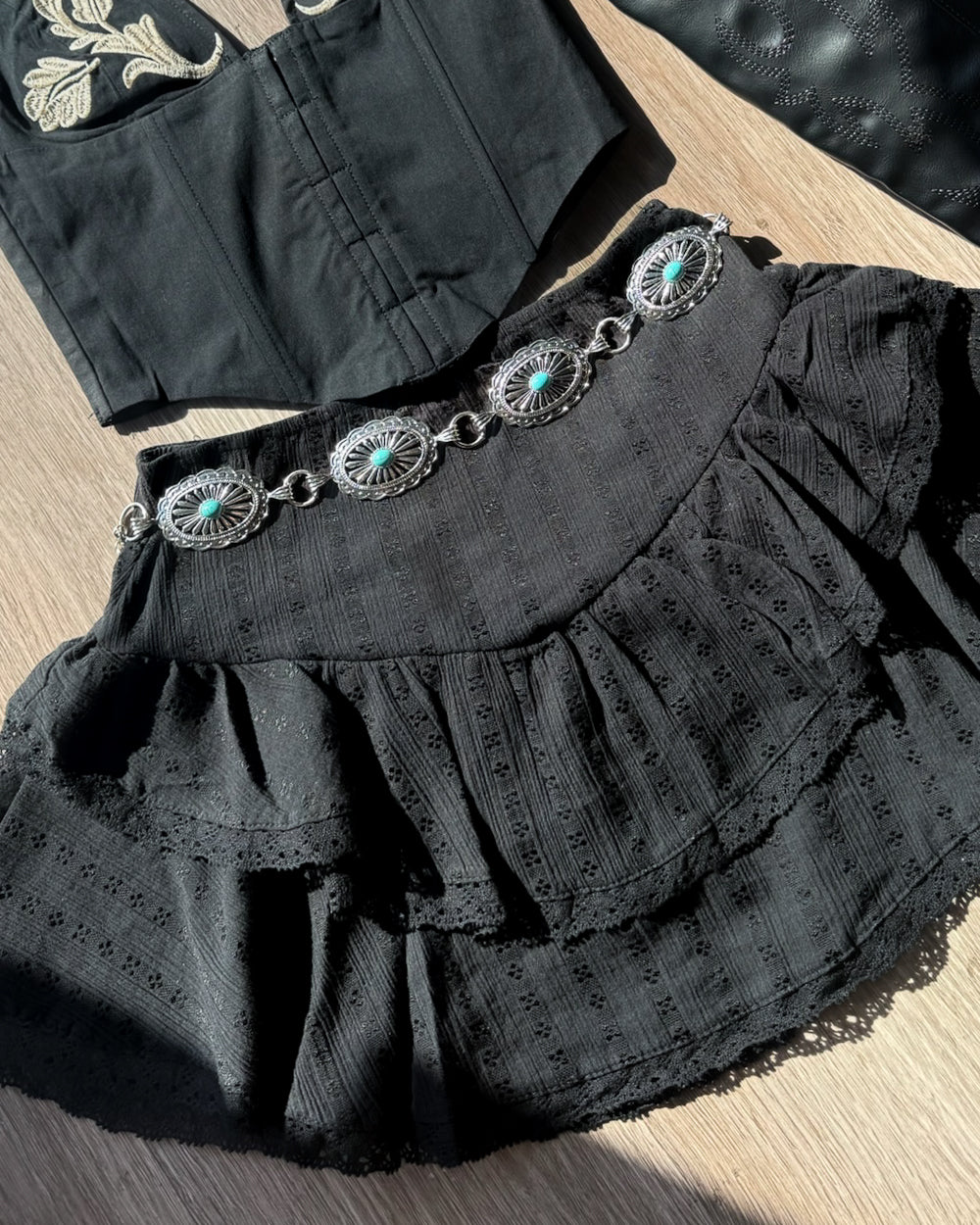 Honeysuckle Black Cotton Tiered Lace Mini Skirt