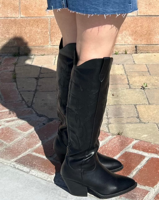 Tall Black Faux Leather Embroidered Western Cowboy Boots