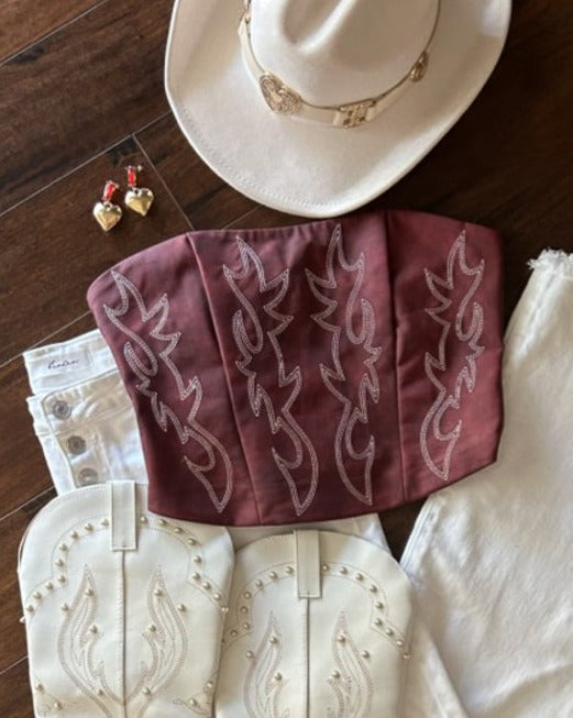 Dark Red Faux Leather Embroidered Western Cowboy Corset Top