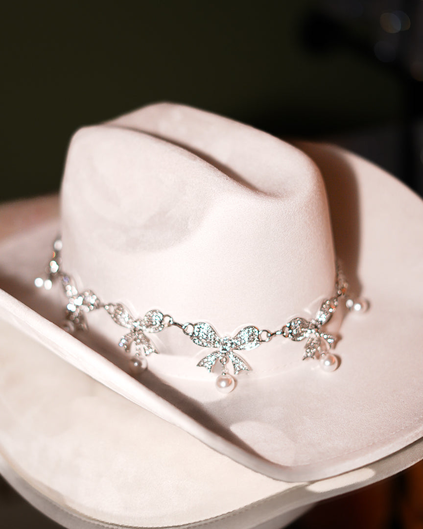 Coquette Ivory Pave Ribbon Bow And Pearl Cowgirl Hat