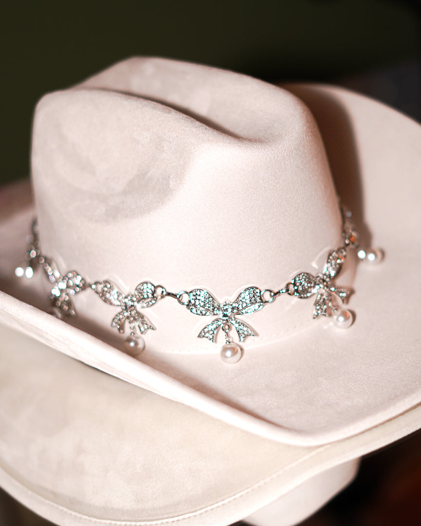 Coquette Ivory Pave Ribbon Bow And Pearl Cowgirl Hat