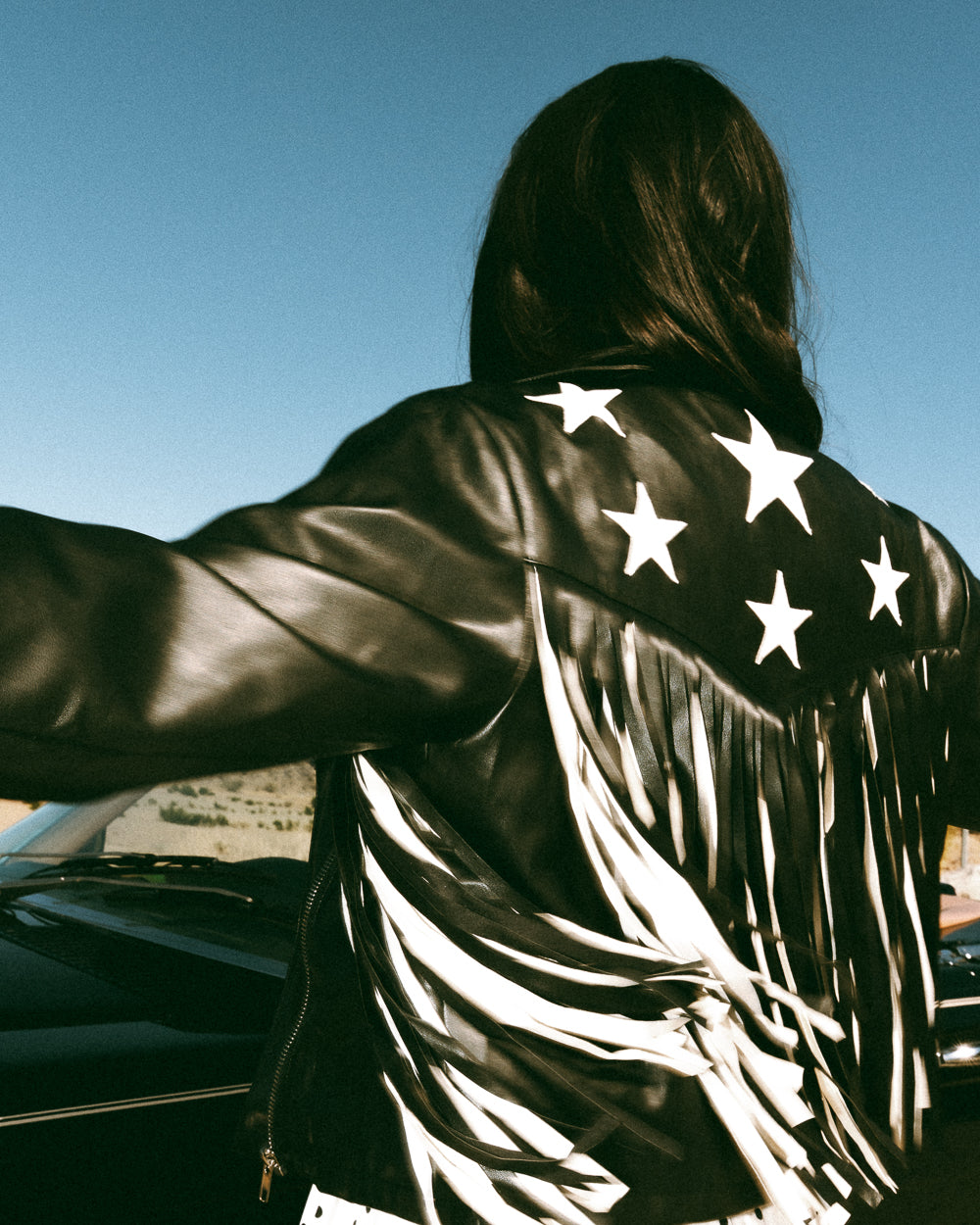 Black Star Faux Leather Fringe Moto Jacket