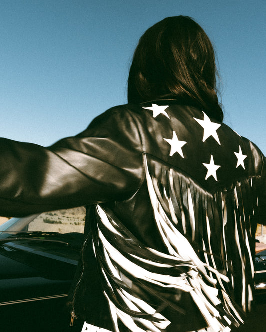 Black Star Faux Leather Fringe Moto Jacket