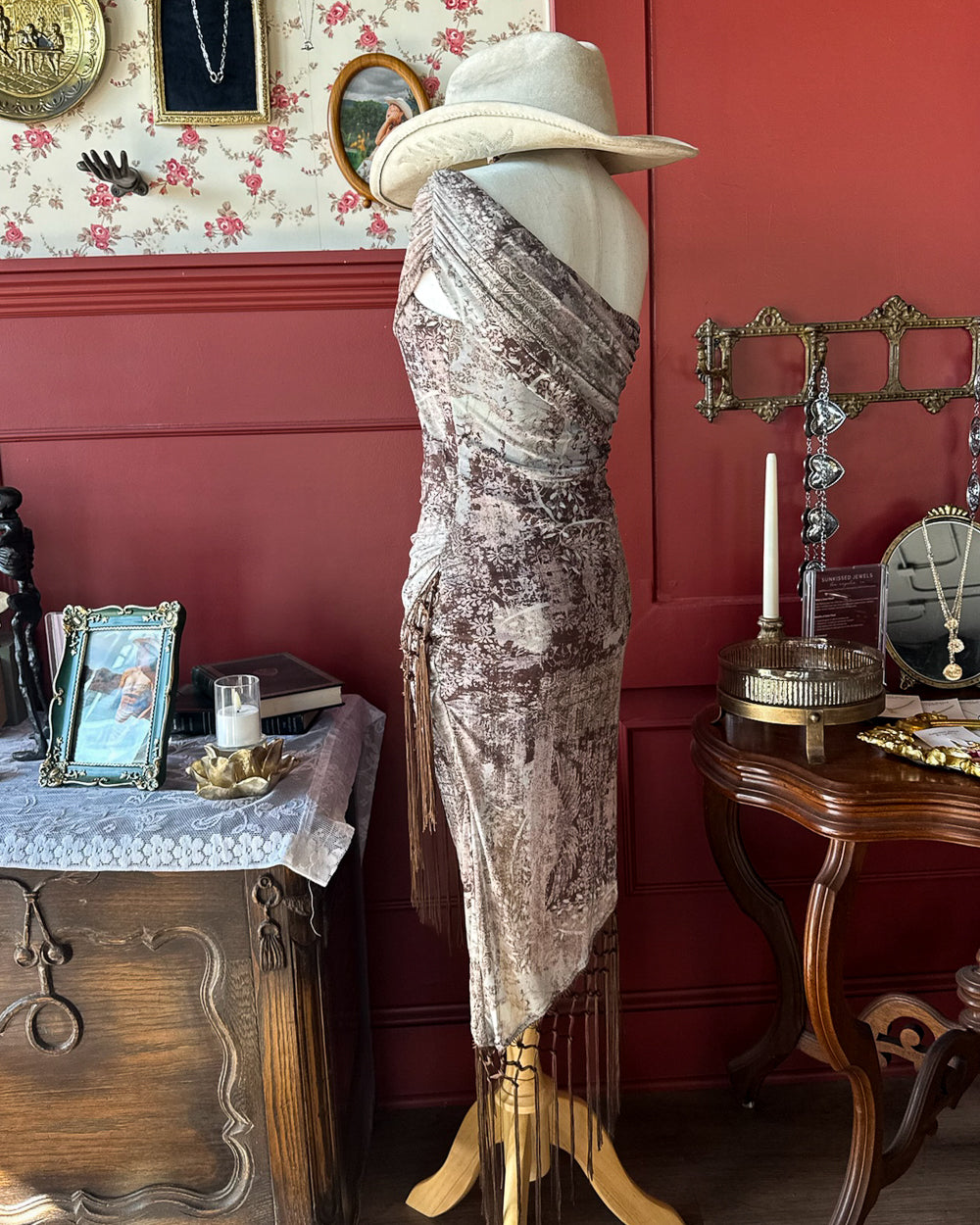 Sienna Boho Off Shoulder Western Print Fringe Wrap Midi Dress