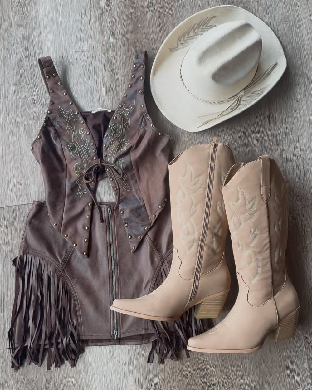 Mama Tried Brown Studded Faux Suede Tie Front Western Top