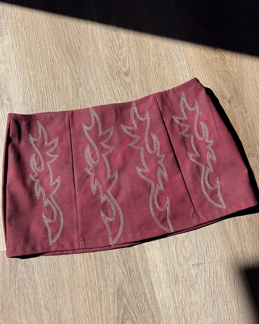 Amara Dark Red Faux Leather Western Embroidered Mini Skirt - Cindy Jane Boutique - Skirts