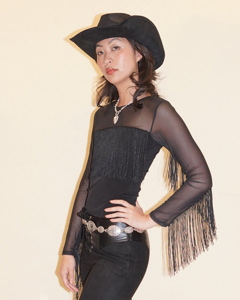 Annie Black Mesh Long Sleeve Western Fringe Top – Cindy Jane