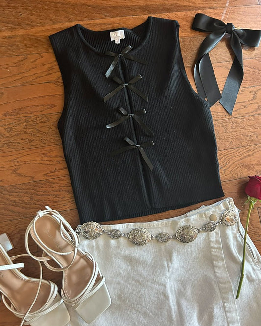 Black Coquette Ribbed Knit Tie Front Sleeveless Tank Top - Cindy Jane Boutique - Tanks, Camis & Tube Tops