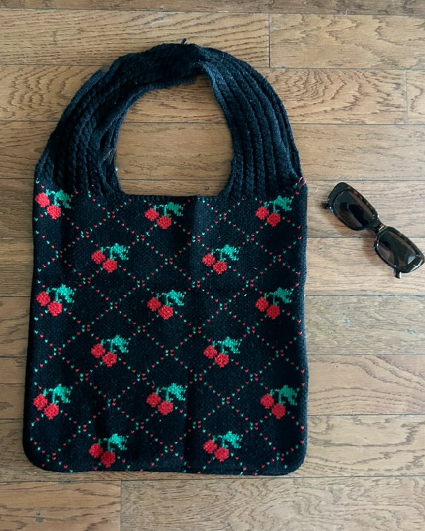 Black Crochet Cherry Pattern Tote Bag - Cindy Jane Boutique - Handbags & Purses