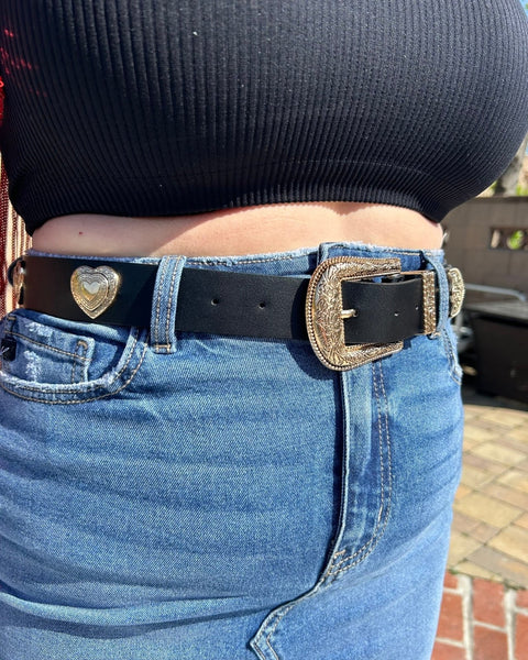 Black Engraved Heart Faux Leather Western Buckle Belt  display picture 1