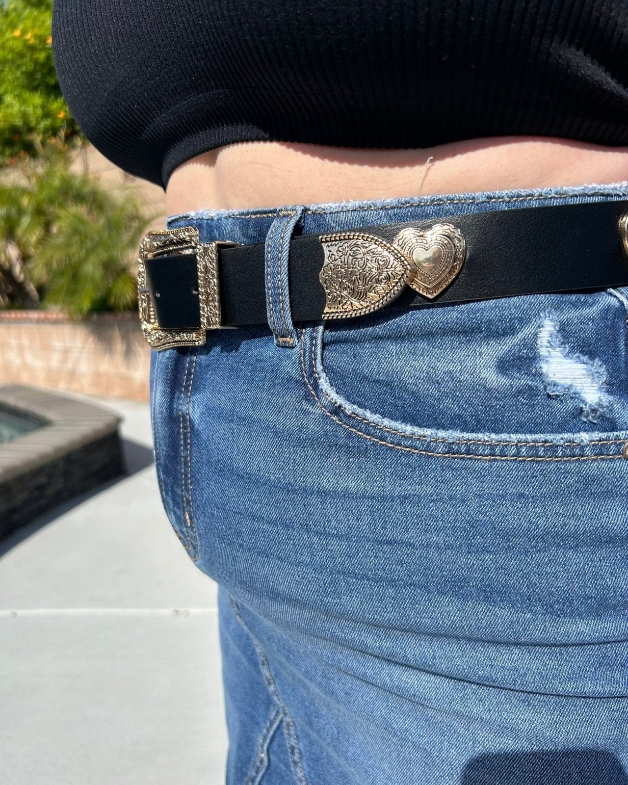 Black Engraved Heart Faux Leather Western Buckle Belt - Cindy Jane Boutique - Belts