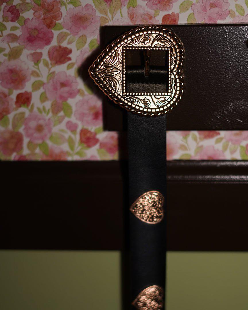 Black Etched Faux Leather With Golden Heart Buckle Belt - Cindy Jane Boutique - Belts