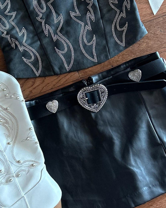 Black Etched Faux Leather With Metallic Heart Buckle Belt - Cindy Jane Boutique - Belts