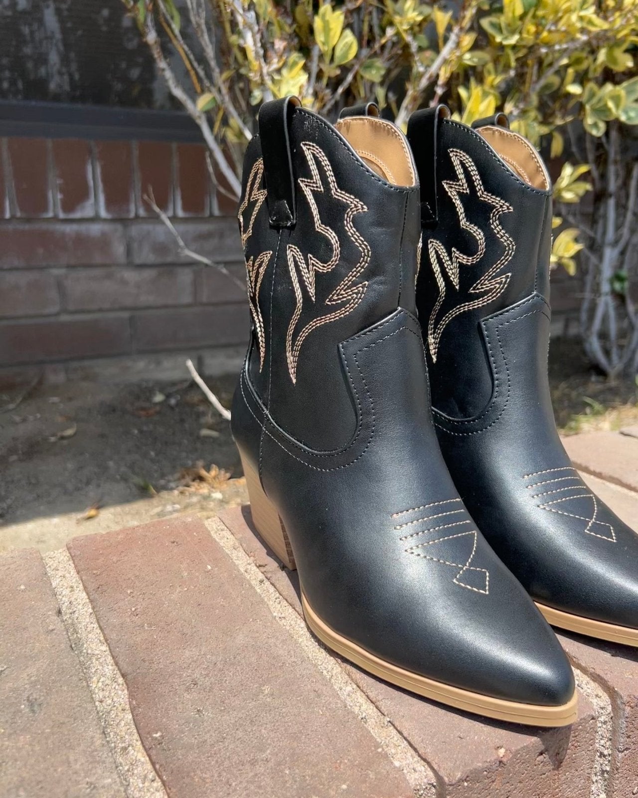 Black Faux Leather Western Stitched Ankle Booties - Cindy Jane Boutique - Booties