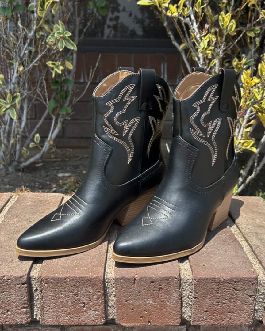 Black Faux Leather Western Stitched Ankle Booties - Cindy Jane Boutique - Booties