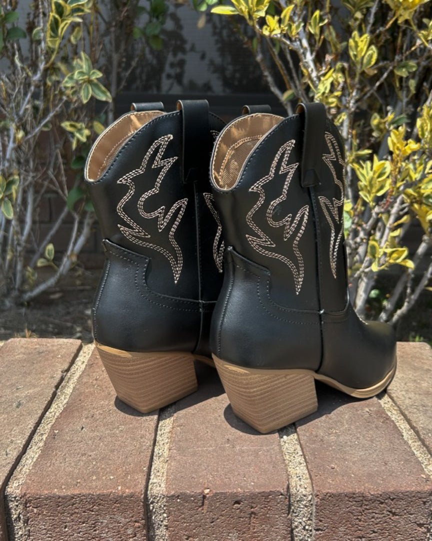 Black Faux Leather Western Stitched Ankle Booties - Cindy Jane Boutique - Booties