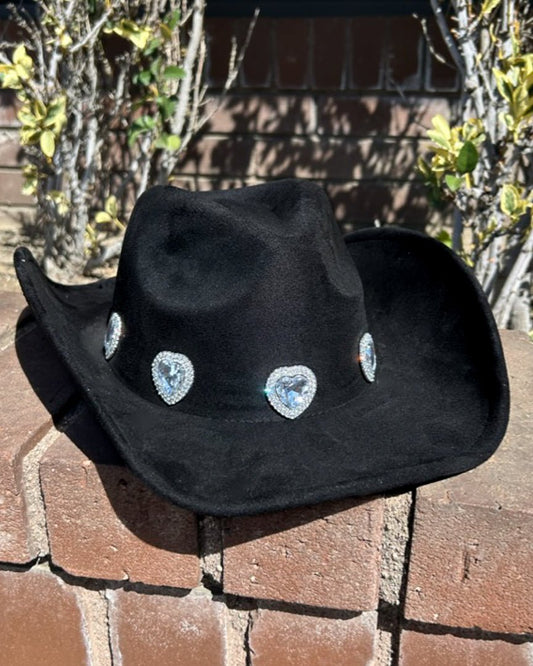 Black Faux Suede Heart Jeweled Cowgirl Hat - Cindy Jane Boutique - Hats