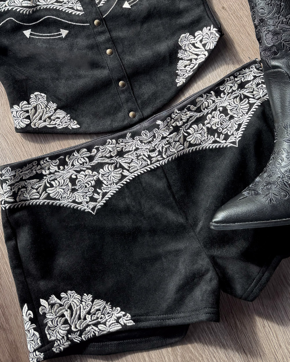 Black Faux Suede Western Embroidered Shorts - Cindy Jane Boutique - Shorts