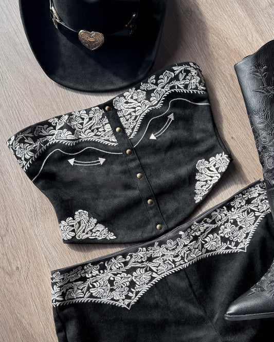 Black Faux Suede Western Embroidered Strapless Corset Top - Cindy Jane Boutique - Tanks, Camis & Tube Tops