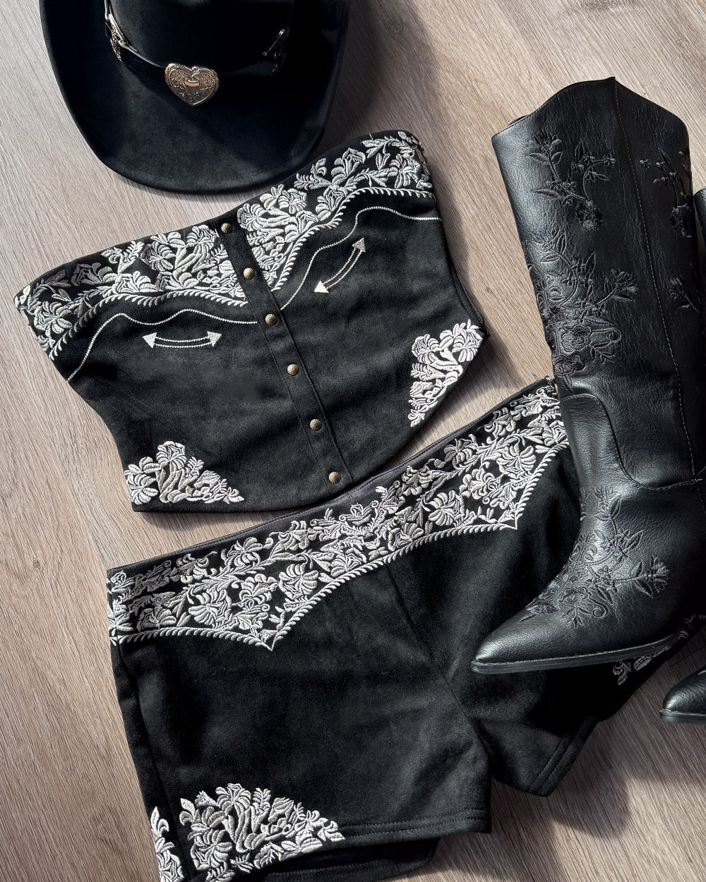 Black Faux Suede Western Embroidered Strapless Corset Top - Cindy Jane Boutique - Tanks, Camis & Tube Tops