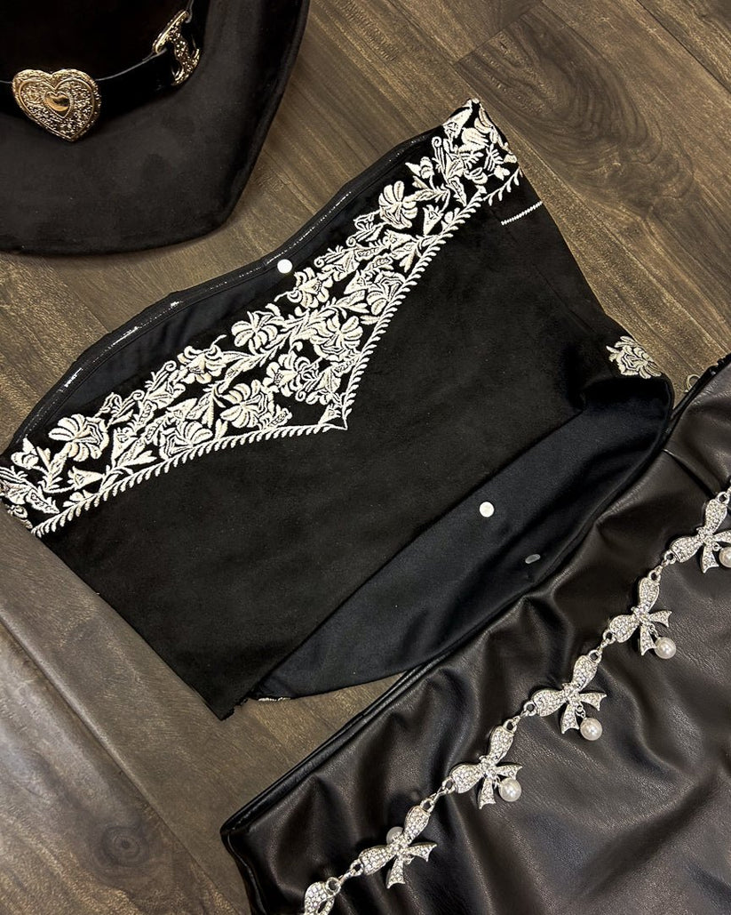 Black Faux Suede Western Embroidered Strapless Corset Top – Cindy Jane ...