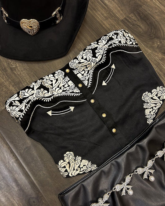 Black Faux Suede Western Embroidered Strapless Corset Top - Cindy Jane Boutique - Tanks, Camis & Tube Tops