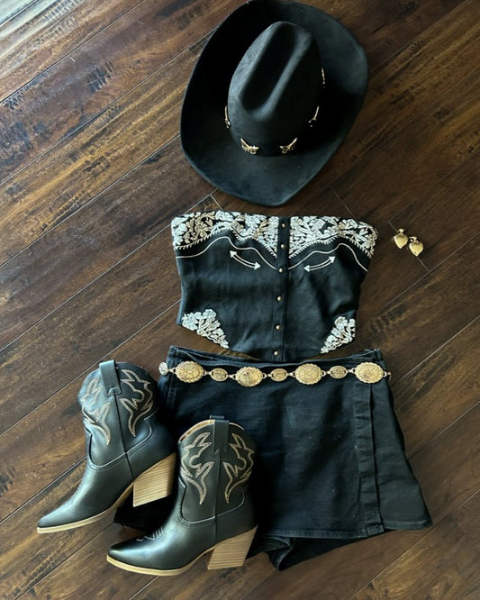 Black Faux Suede Western Embroidered Strapless Corset Top - Cindy Jane Boutique - Tanks, Camis & Tube Tops
