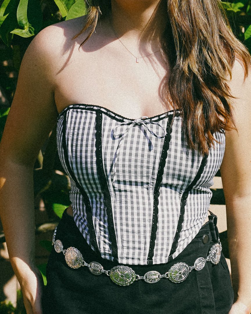 Black Gingham Front Tie Bustier Corset Top - Cindy Jane Boutique - Tanks, Camis & Tube Tops